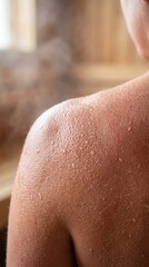 Naklejka premium Close-up of shoulder with droplets of water after sauna session 
