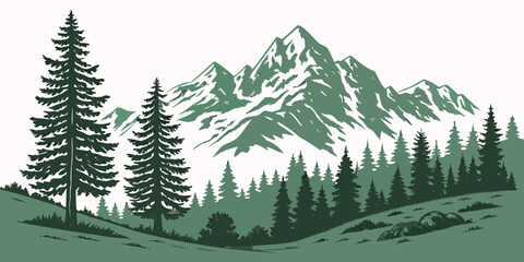 Majestic mountain range with lush green trees under a clear blue sky Vector © Akshay