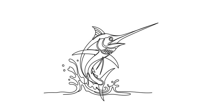 Black and White Marlin Fish Leaping Out of Water Line Art Illustration