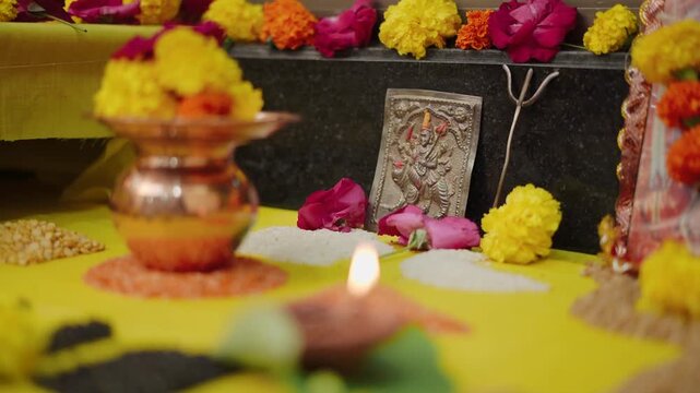 Traditional Indian Ghar Vastu Ritual with Kalash, Coconut and Sacred Puja Setup