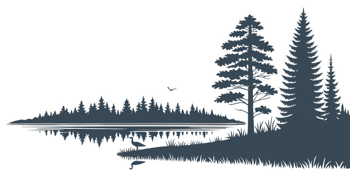 Serene landscape featuring a calm lake, distant mountains, and towering pine trees Vector