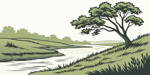 A serene landscape with a winding river and lush greenery Vector © Akshay