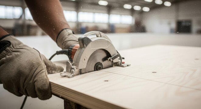 Saw cutting wood sheet, close up of carpenter hands in protective gloves guiding circular saw through plywood. Precision saw cutting wood generates sawdust, showcasing skilled craftsmanship.