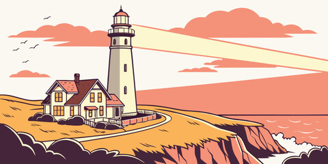 A majestic lighthouse stands tall on a rocky cliff overlooking a vast ocean Vector © Akshay
