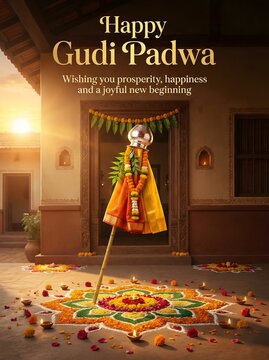 Gudi padwa celebration with colorful rangoli and traditional decorations