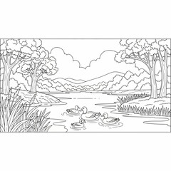Obraz premium Serene lake scene with ducks swimming among water plants and trees in a beautiful vector graphic illustration