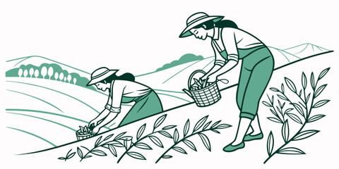 Dinosaurs roaming in a lush prehistoric landscape with green foliage. Vector © Akshay