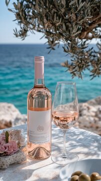 Cold rose Provencal wine in glass served in sunlights on outdoor terrace with view on old fisherman's harbour. Luxury concept winery or restaurant design. Seaside vacation holiday, happy mood