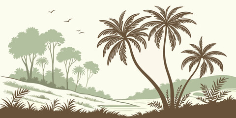 Tropical island paradise with palm trees and clear blue waters Vector © Akshay