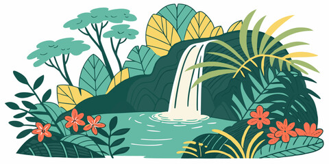 A vibrant tropical landscape with a waterfall and lush vegetation Vector © Akshay