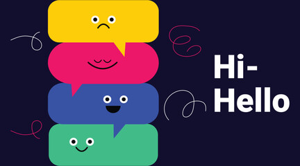 Colorful chat speech bubbles with smiling faces and hello text on dark background © NOMAN