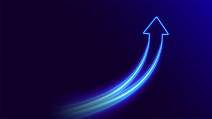 Neon lines combining upward. Blue glowing arrow up. Growth, synergy, success. Futuristic tech concept on dark gradient background. © Yuri Hoyda