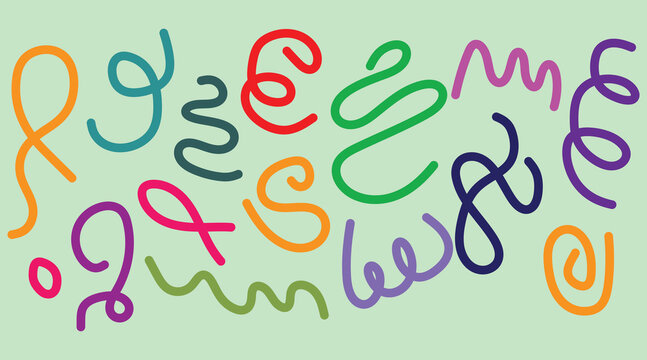 Colorful squiggly lines in various colors on a light green background for graphic design and art projects  decorative elements