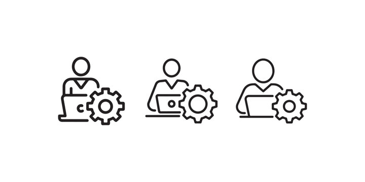 Professional developer working with laptop and gear icon set showing technical support and software engineering concepts in clean linear vector design