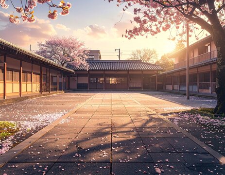 apanese schoolyard in early spring, empty playground, faint cherry blossom petals
