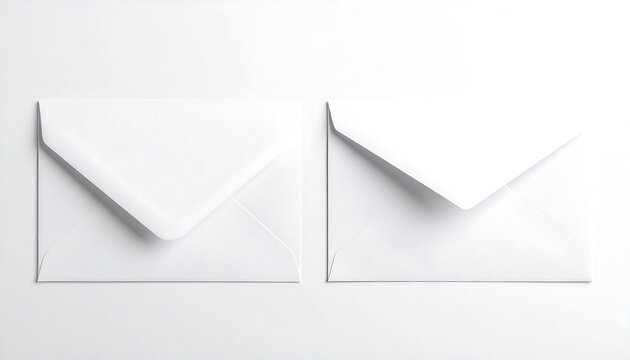 Two white blank envelopes angled left, placed closely side by side on a clean white surface under bright studio lighting