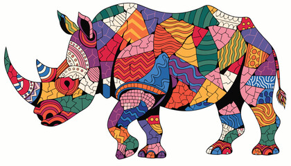 Colorful mosaic rhinoceros illustration with abstract geometric patterns and vibrant colors, isolated on white background, symbolizing strength and individuality.