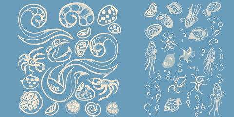 Abstract illustration of various marine life forms on a blue background © Savankar
