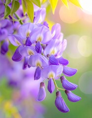 macro view of wisteria flowers,_soft purple petals,_green bokeh background,_spring