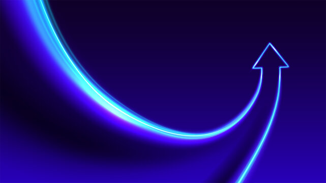 Neon glowing lines combining upward arrow. Symbol of growth, synergy, success. Futuristic tech concept on dark gradient background.