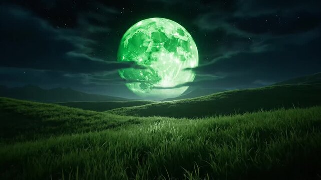 Green moon glowing over rolling hills at night sky scenery