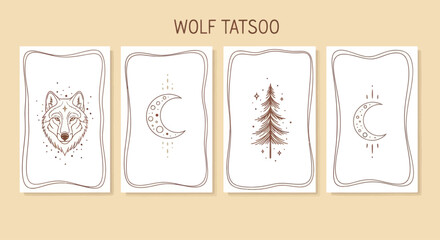 Boho Wolf, Moon, Pine Tree Tattoo Designs Set, Line Art Illustrations © MHM99