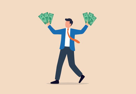 Earn money make profit from investment, savings, income or salary increase, get rich and earn more wealth concept, happy businessman money banknotes as financial success