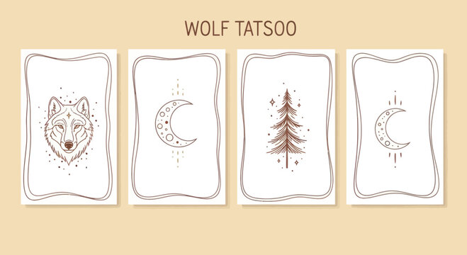 Boho Wolf, Moon, Pine Tree Tattoo Designs Set, Line Art Illustrations