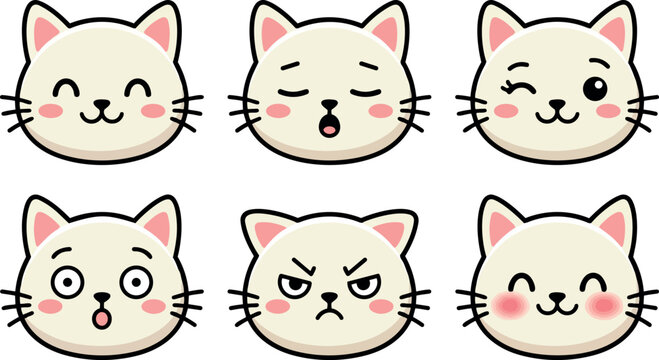 Kawaii flat design cat face emoji set showing six different expressions close up vector icons with pastel blush pink cheeks playful