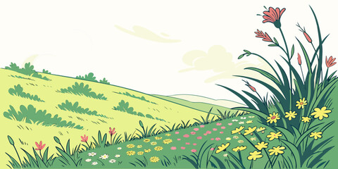 A single flower stands tall in a vast field of green grass under a clear blue sky Vector © leptop