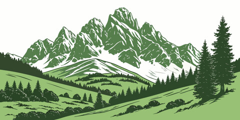 Majestic mountain range with lush greenery and clear blue skies Vector © leptop