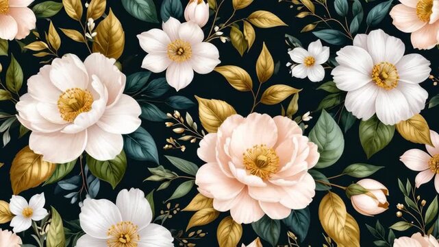 Elegant floral seamless pattern with white and blush pink peonies and golden leaves on black