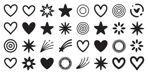 Variety of hand-drawn doodle hearts, stars, abstract shapes, and a shooting star. Vector collection for playful and imaginative design projects. © MD
