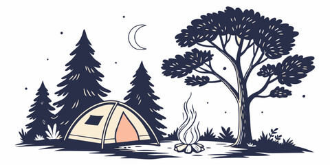 A serene campsite nestled in a forest with a tent and a campfire surrounded by trees. Vector © leptop