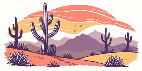 A serene desert landscape with cacti and a vibrant sunset on the horizon Vector © leptop