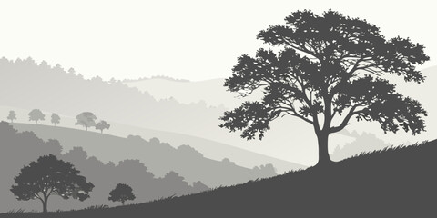 A solitary tree stands tall on a rolling hillside under a cloudy sky Vector © leptop