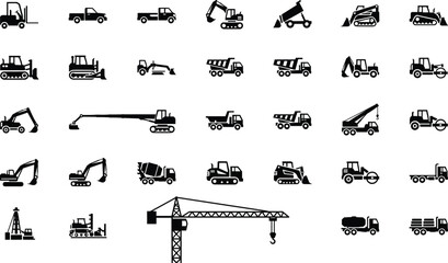 Construction vehicle icons, industrial machinery silhouettes, heavy equipment symbols, excavator, bulldozer, crane, forklift, dump truck, cement mixer, vector set © Mst