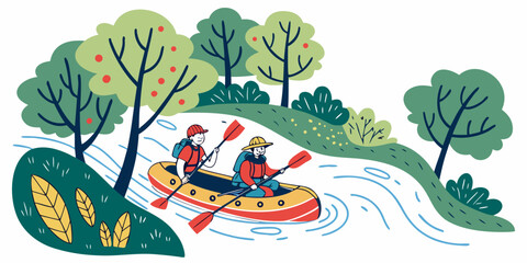 Obraz premium A serene scene of a person relaxing in a hammock by a river surrounded by lush greenery. Vector
