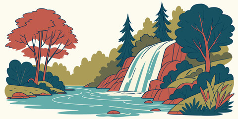 A serene landscape with a waterfall cascading into a tranquil pool surrounded by lush greenery Vector © leptop