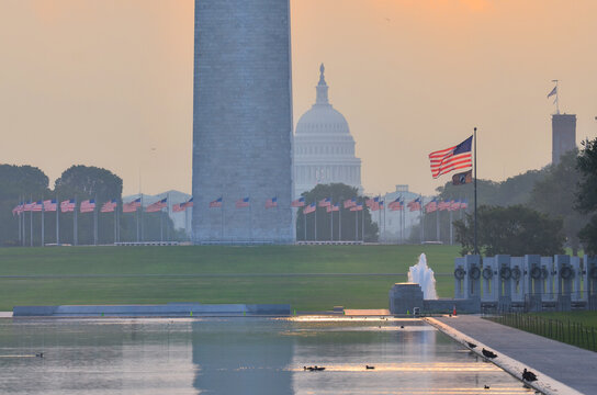Washington D.C. skyline at sunrise with major monuments - Washington D.C. United States of America
