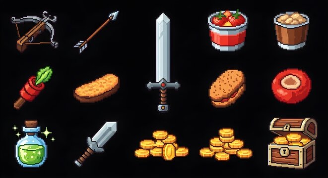 Pixel art RPG inventory icons featuring crossbow, arrows, swords, healing potion, gold coins, treasure chest, roasted meats, vegetable skewer, bread slices and buckets of food, ideal for retro adventu