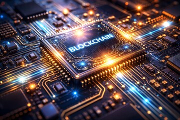 Fototapeta premium Close up of a computer chip with glowing orange and blue circuits and the word 'blockchain' on a dark background representing cryptocurrency and modern technology