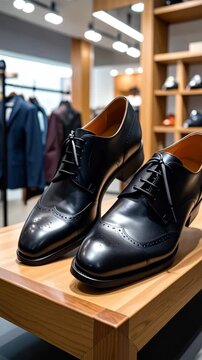 Elegant black wingtip dress shoes with brogue detailing on a wooden surface
