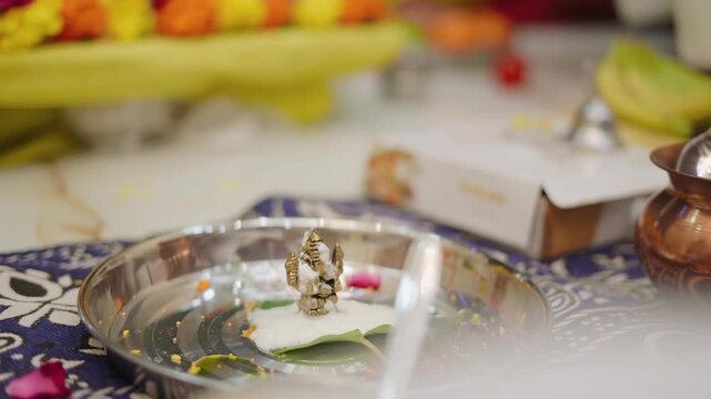 Traditional Indian Ghar Vastu Ritual with Kalash, Coconut and Sacred Puja Setup