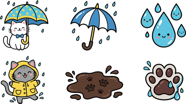 Kawaii flat design close up cat with umbrella and raincoat icons smiling paw print mud splash raindrops playful vector sticker set
