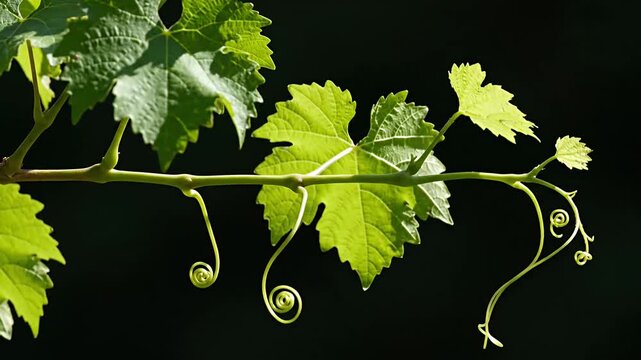 Fresh green grape vine leaves and tendrils on dark background