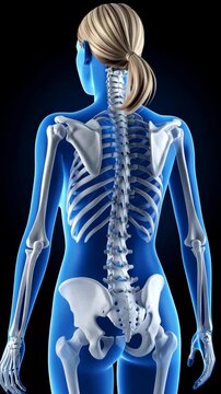 Close-up back view of a female anatomical skeleton with a translucent blue body