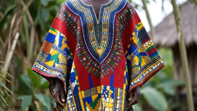 Person wearing red dashiki standing near thatched huts.