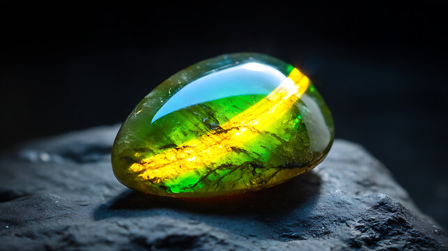 Vibrant yellow-green cabochon gem with glowing stripe in dark backdrop 