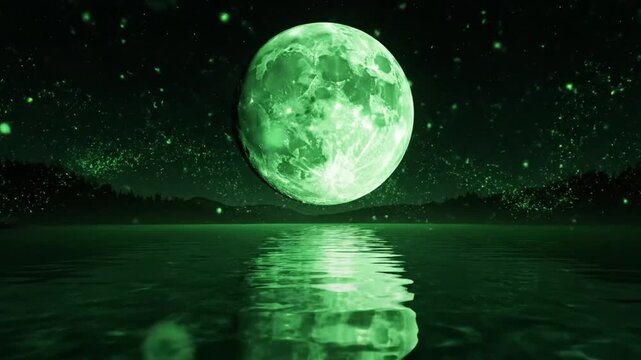 Green moon reflected in water with starry sky background